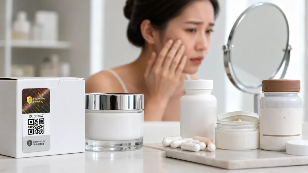 Perempuan tampak khawatir menyentuh wajah di depan cermin dengan kosmetik, obat, dan suplemen, menggambarkan risiko kesehatan produk palsu