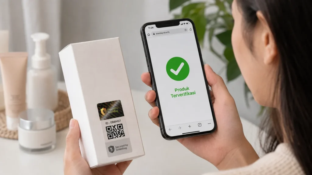 Konsumen memindai QR code stiker hologram Shieldtag dan layar ponsel menampilkan notifikasi Produk Terverifikasi