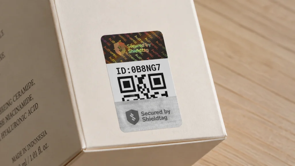 Tampilan dekat stiker Shieldtag dengan logo hologram, ID, kode QR, dan lapisan gosok perak pada kemasan.