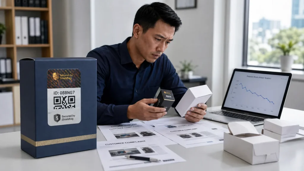 Pemilik brand memeriksa kemasan produk didampingi laptop bergrafik penjualan menurun dan surat komplain pelanggan akibat produk palsu