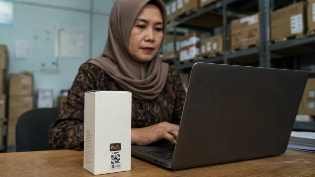 Perempuan bekerja menggunakan laptop di ruang penyimpanan dengan kemasan berstiker Shieldtag di meja.