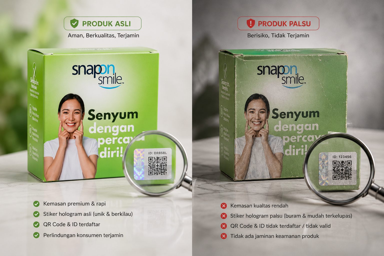 Perbandingan kemasan Snap On Smile asli dan palsu