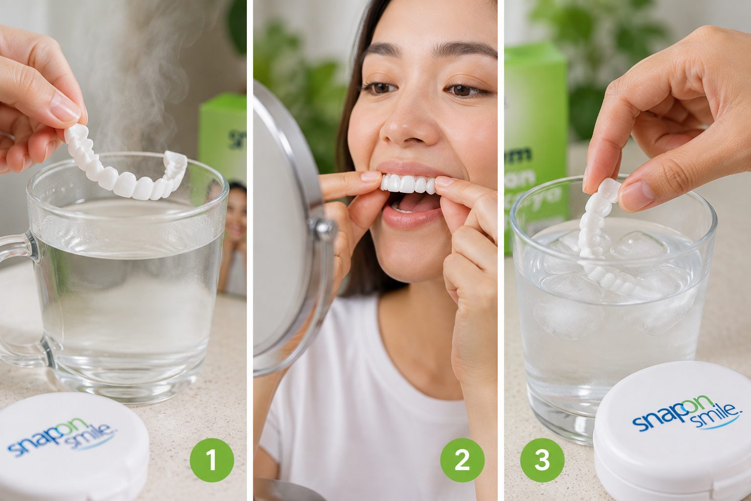 Tiga langkah cara pemasangan Snap On Smile: air panas, pas di gigi, air dingin