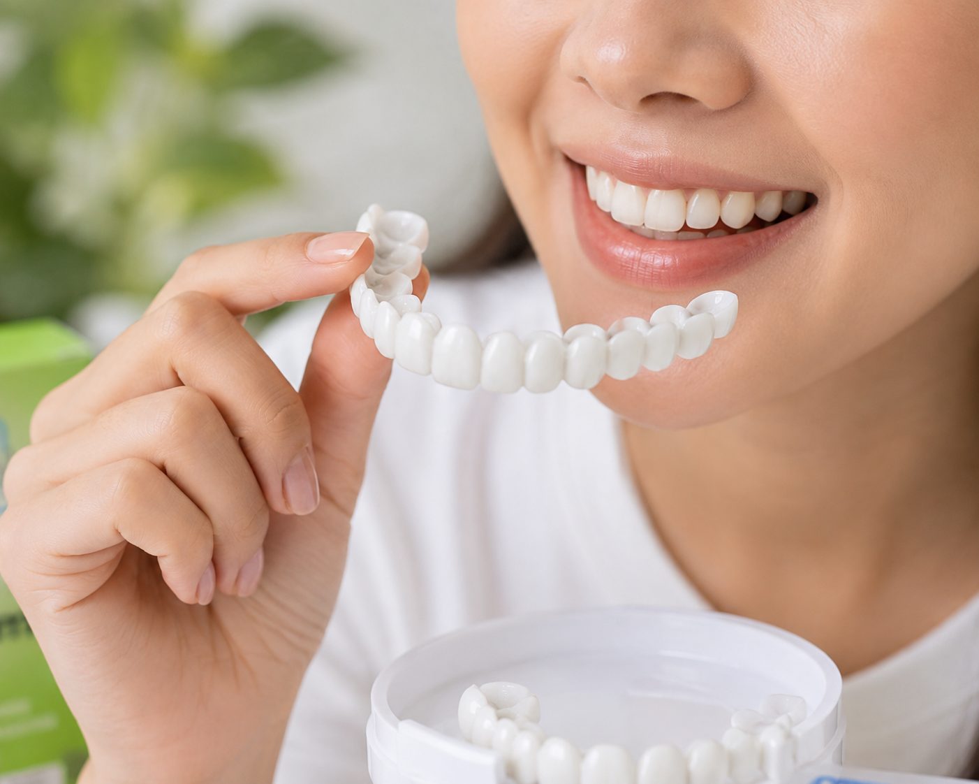 Veneer Snap On Smile lepas pasang dipegang di depan gigi