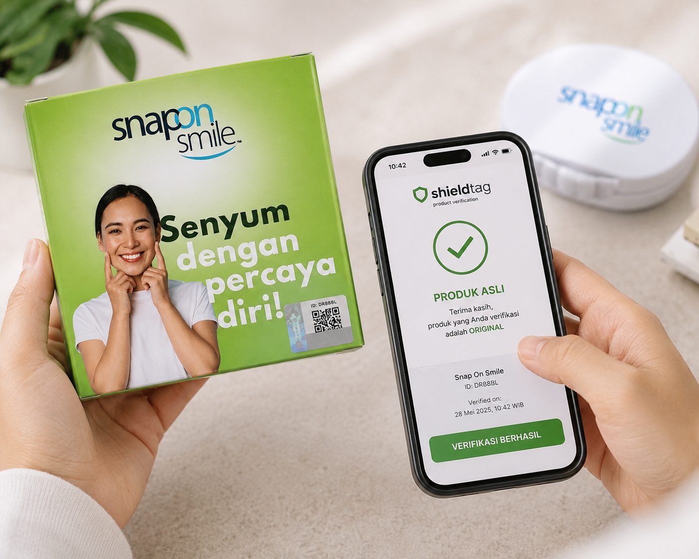 Verifikasi keaslian Snap On Smile lewat aplikasi Shieldtag, hasil Produk Asli