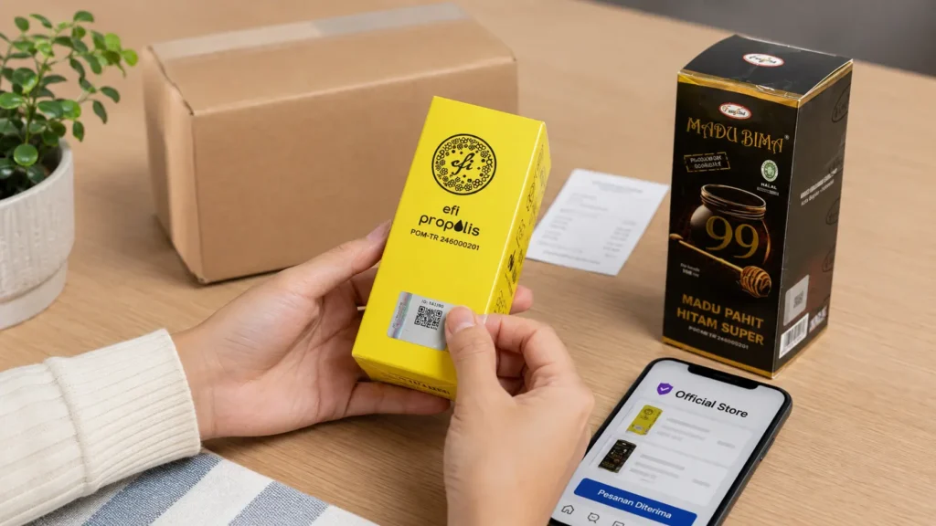 Pemeriksaan segel Shieldtag saat membeli Efi Propolis dan Madu Bima dari official store