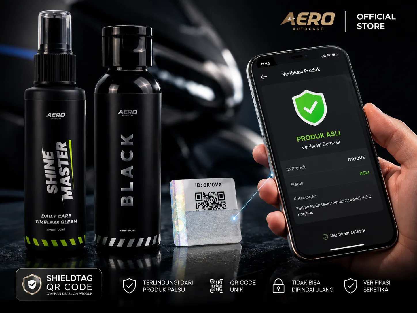 Verifikasi produk asli Aero lewat scan QR dan PIN Shieldtag di aplikasi