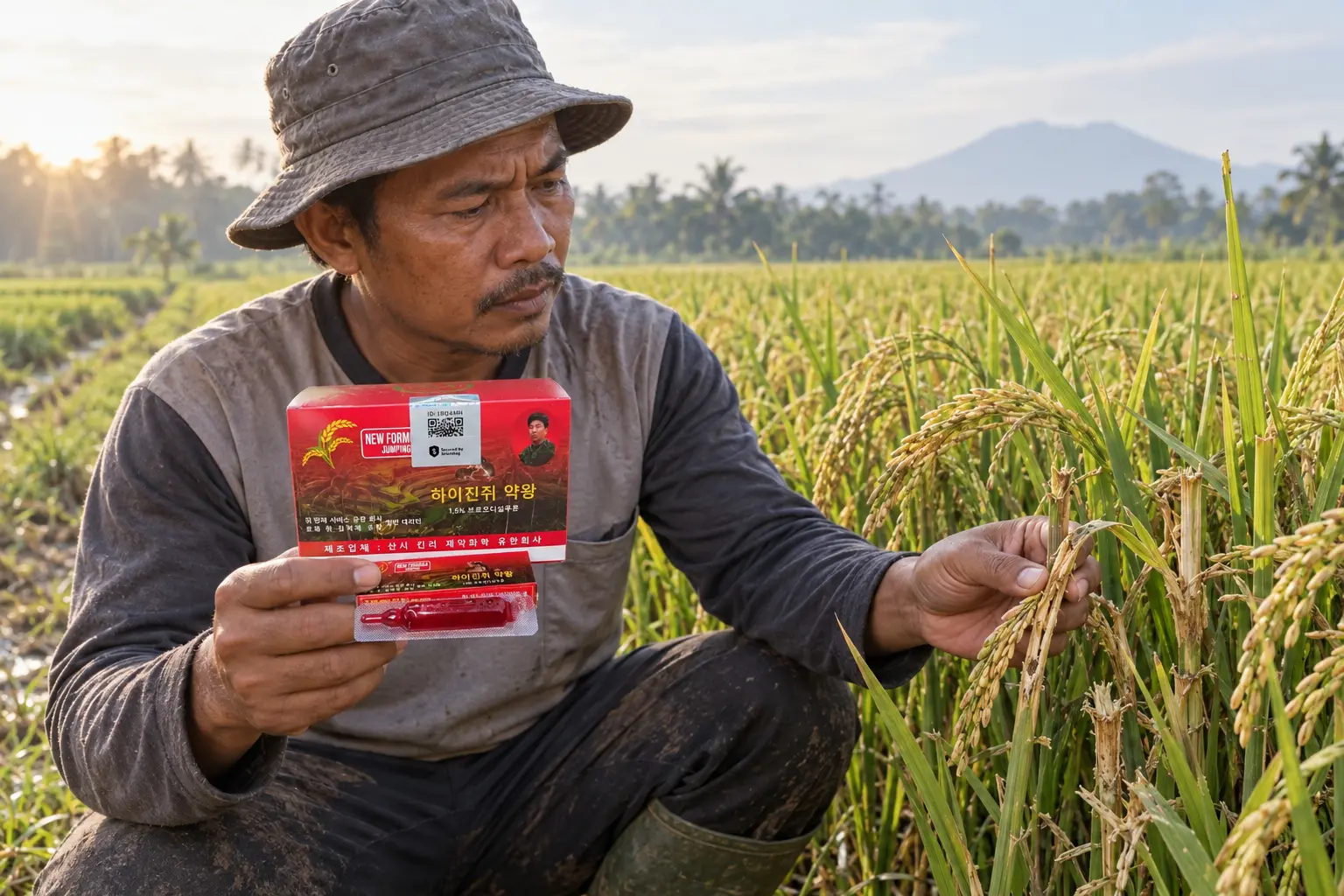 Petani memeriksa tanaman padi yang rusak sambil menunjukkan Racun Tikus 2M dengan hologram Shieldtag.