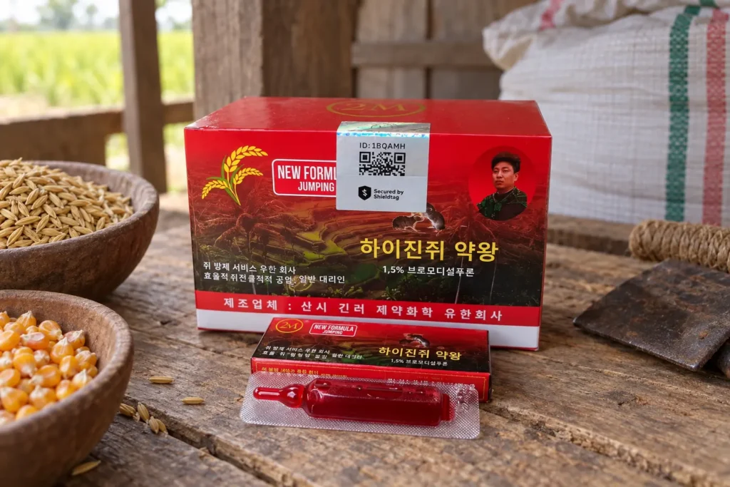 Kemasan Racun Tikus 2M asli dan ampul cair dilengkapi stiker hologram QR Shieldtag.