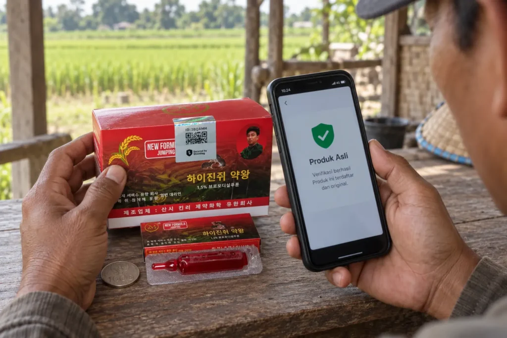 Petani memverifikasi keaslian Racun Tikus 2M dengan memindai hologram QR Shieldtag melalui ponsel.