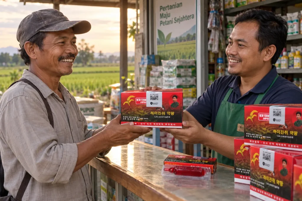 Petani membeli Racun Tikus 2M asli berhologram Shieldtag dari toko pertanian tepercaya.