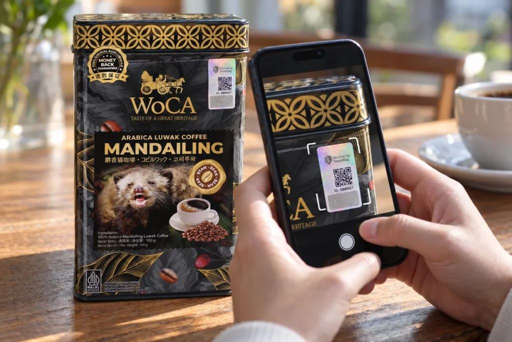 Konsumen memindai QR code stiker Shieldtag pada kemasan kopi luwak WoCA menggunakan ponsel