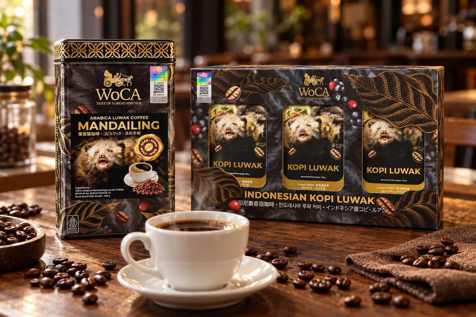Kemasan kopi luwak WoCA dengan stiker Shieldtag di samping secangkir kopi dan biji kopi sangrai