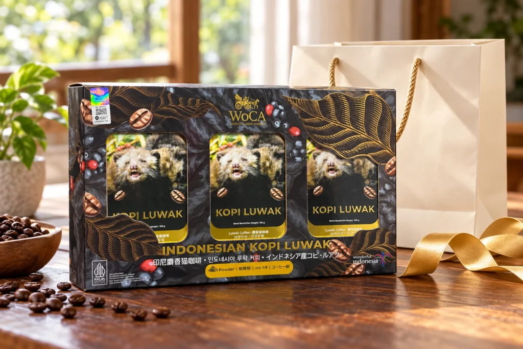 Paket hadiah kopi luwak WoCA dalam kemasan hitam emas dengan tas bingkisan dan pita emas