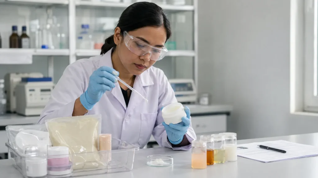 Petugas laboratorium menguji kosmetik yang diduga mengandung bahan berbahaya