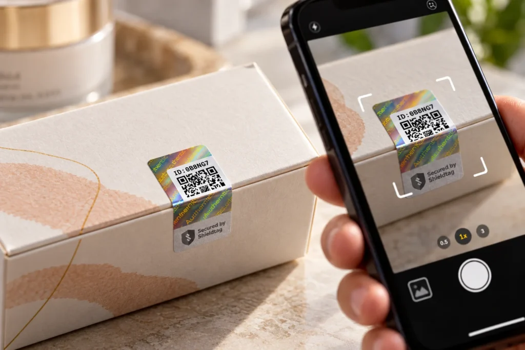 Ponsel diarahkan ke QR pada segel hologram yang menutup kemasan produk