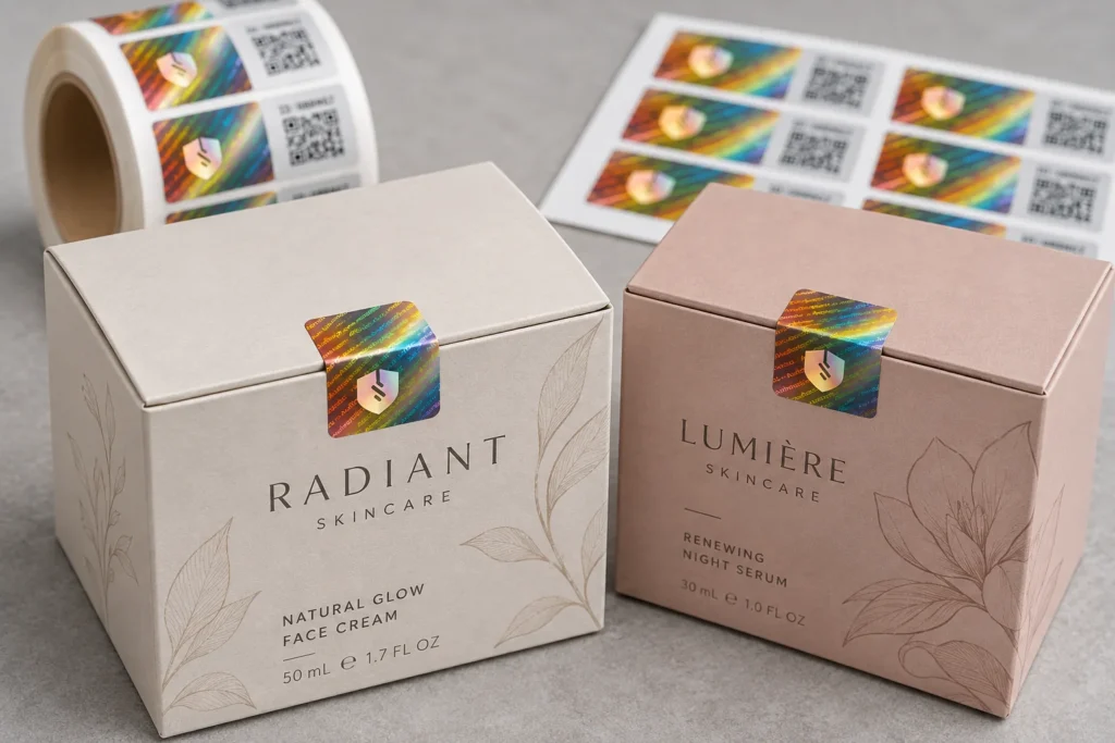 Dua kemasan skincare dengan segel hologram pada tutupnya, serta stiker dalam bentuk roll dan sheet di belakang