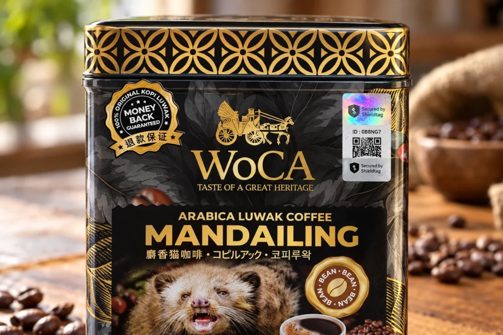 Detail stiker hologram Shieldtag dengan QR code dan lapisan gosok pada kemasan kopi WoCA Mandailing