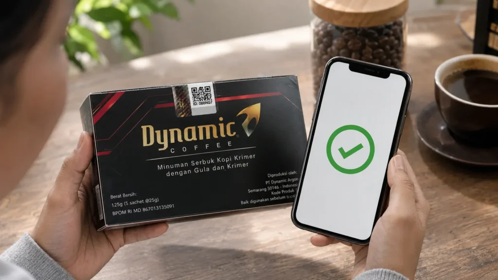 Verifikasi keaslian Dynamic Coffee melalui stiker hologram QR Shieldtag menggunakan ponsel