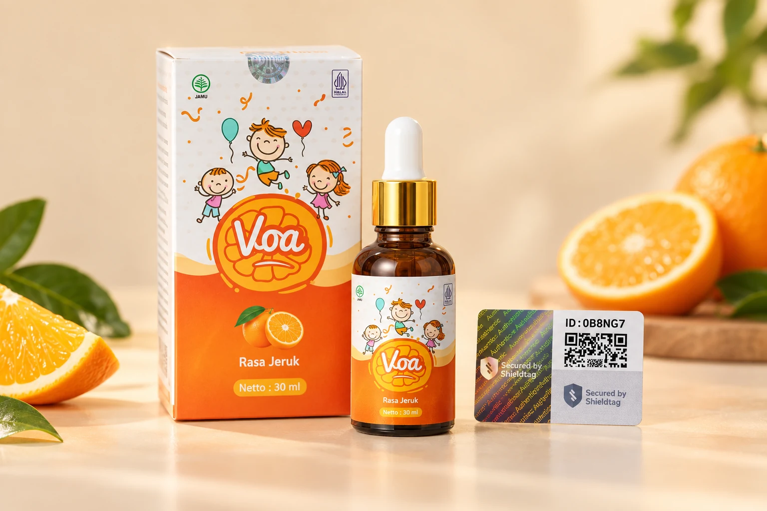 Kemasan dan botol VOA Vitamin Otak Anak rasa jeruk dengan stiker hologram Shieldtag di sampingnya.