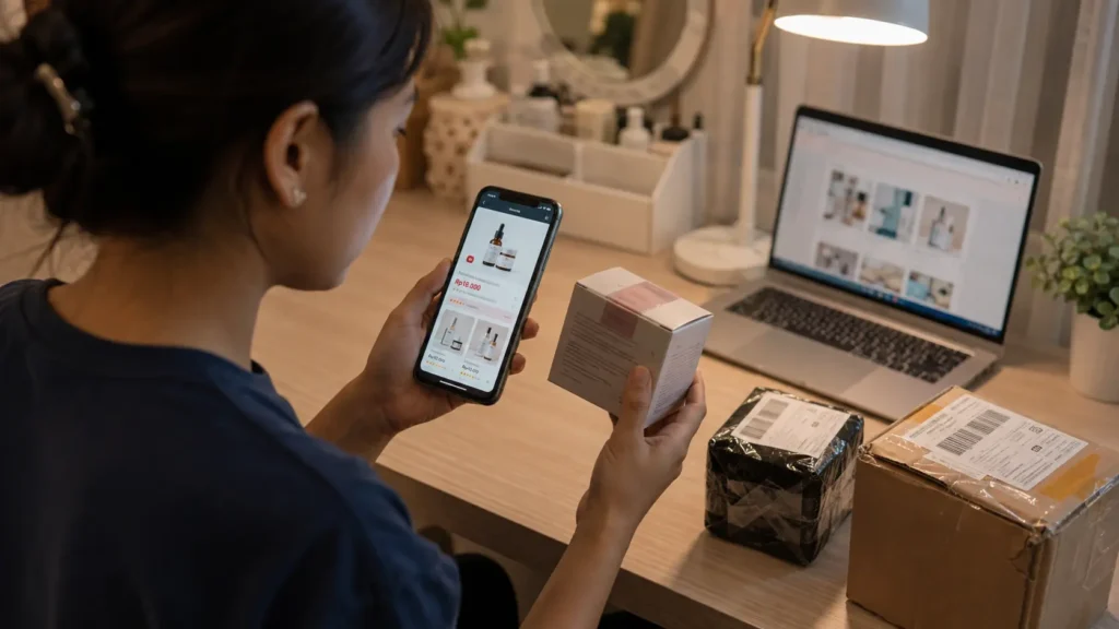 Konsumen memeriksa kosmetik murah yang dibeli melalui marketplace online