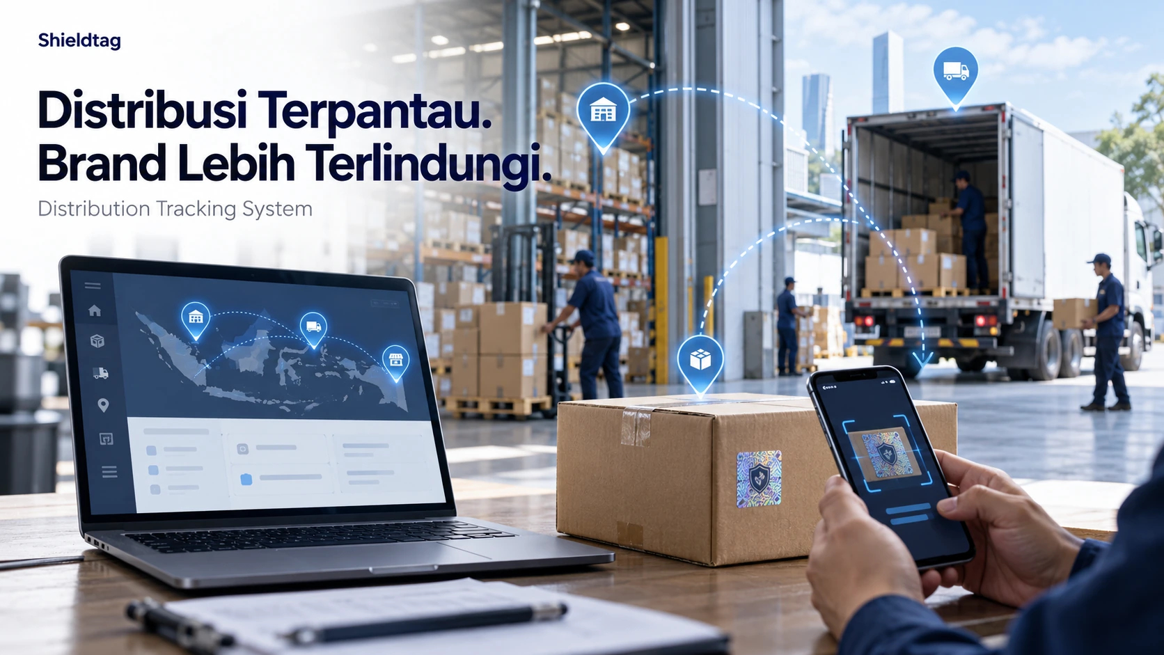 Ilustrasi DTS Shieldtag untuk memantau distribusi produk melalui dashboard, pengiriman barang, dan pemindaian stiker hologram.