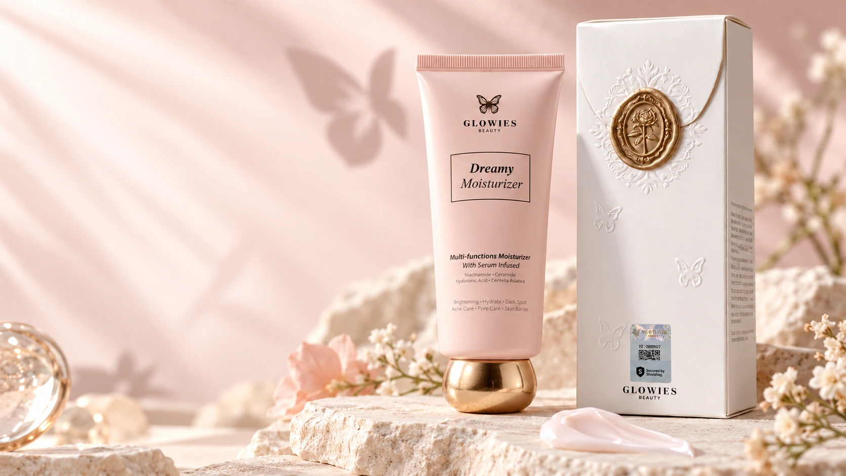 Glowies Dreamy Moisturizer dalam tube pink dengan tutup emas dan kotak berstiker Shieldtag.