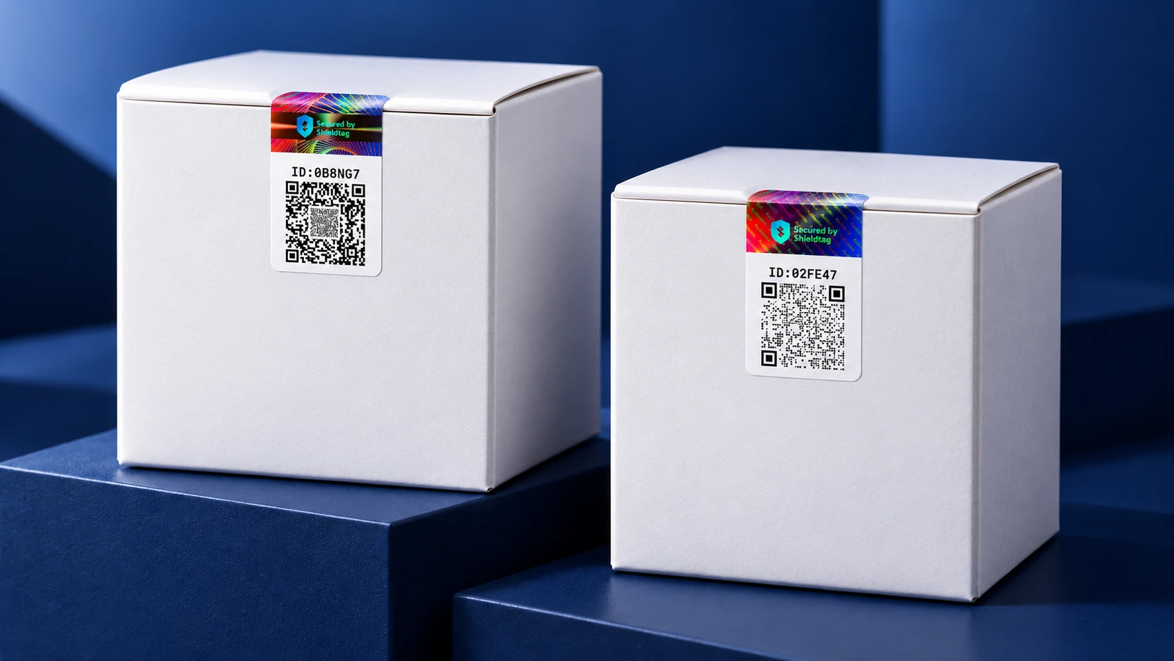 Stiker hologram Shieldtag SQR dan SQR Lite sebagai segel pada tutup kemasan putih.