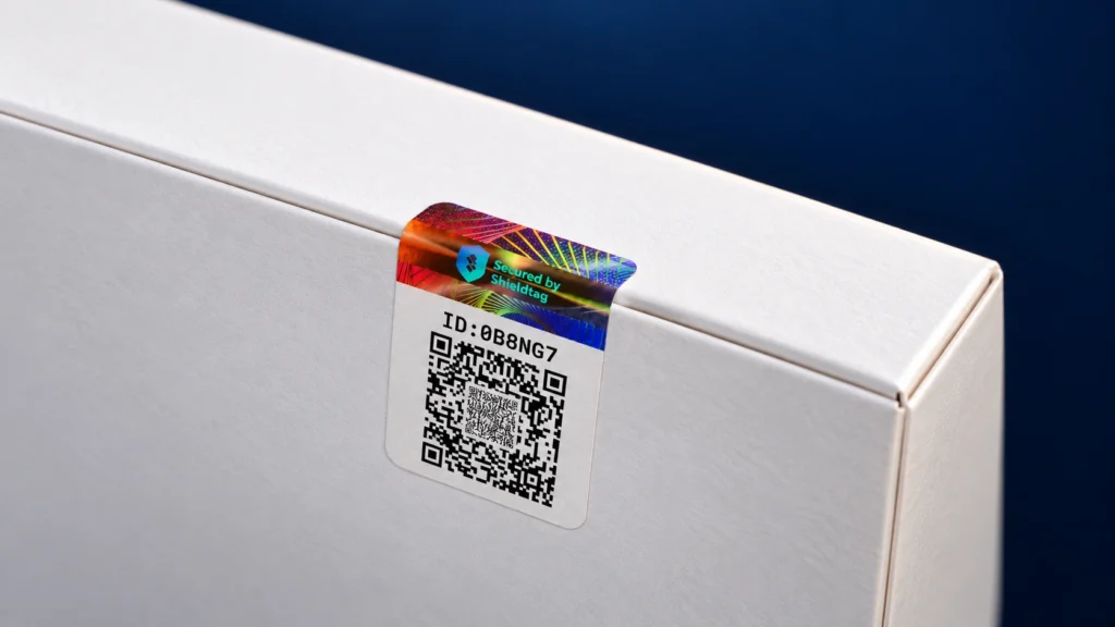 Detail segel hologram SQR Shieldtag dengan Multi-QR dan pola keamanan di tengah QR pada kemasan.