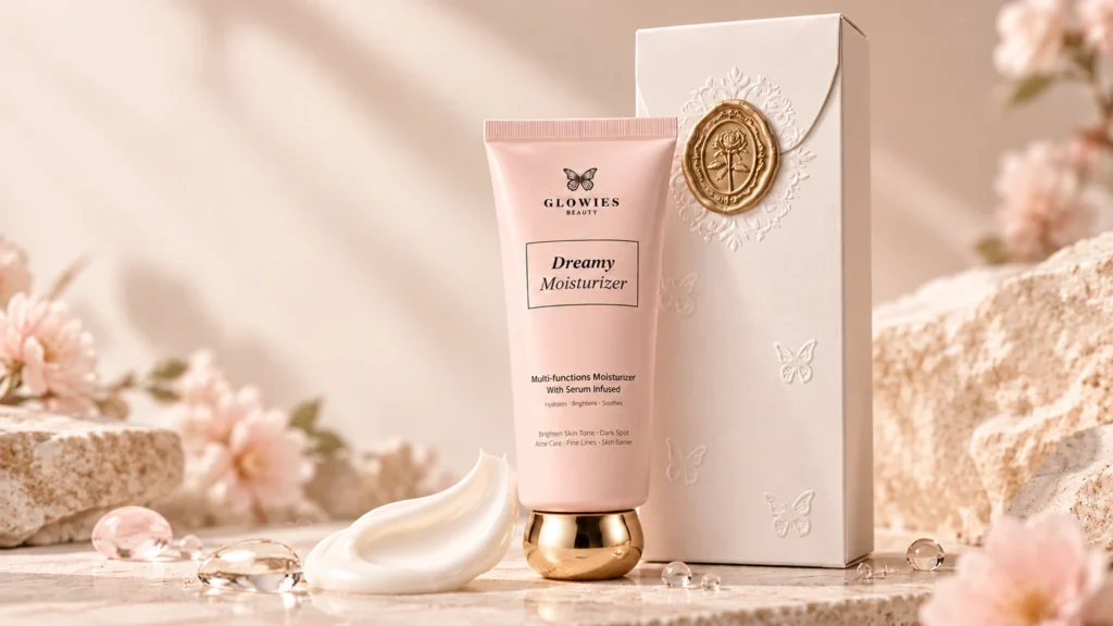 Glowies Dreamy Moisturizer dengan ilustrasi tekstur krim dan tetesan air di samping kemasannya.