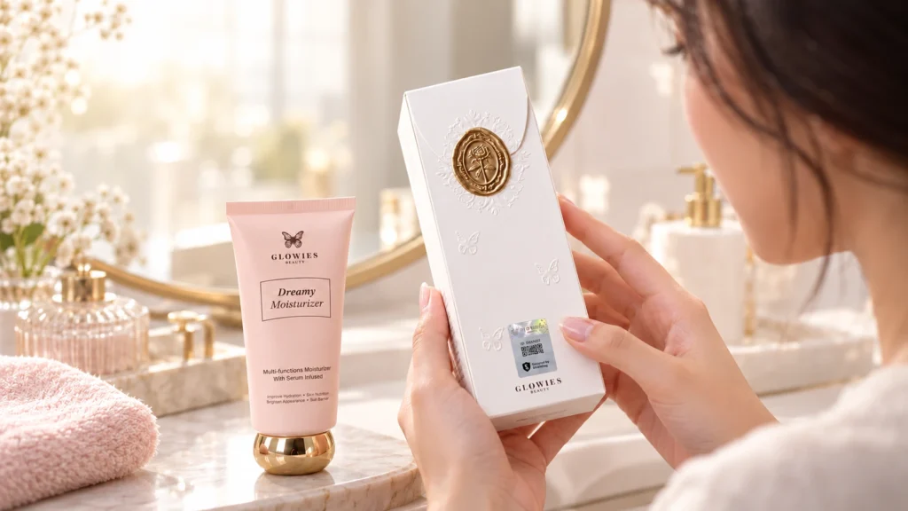 Konsumen memeriksa stiker hologram Shieldtag pada kotak Glowies Dreamy Moisturizer.