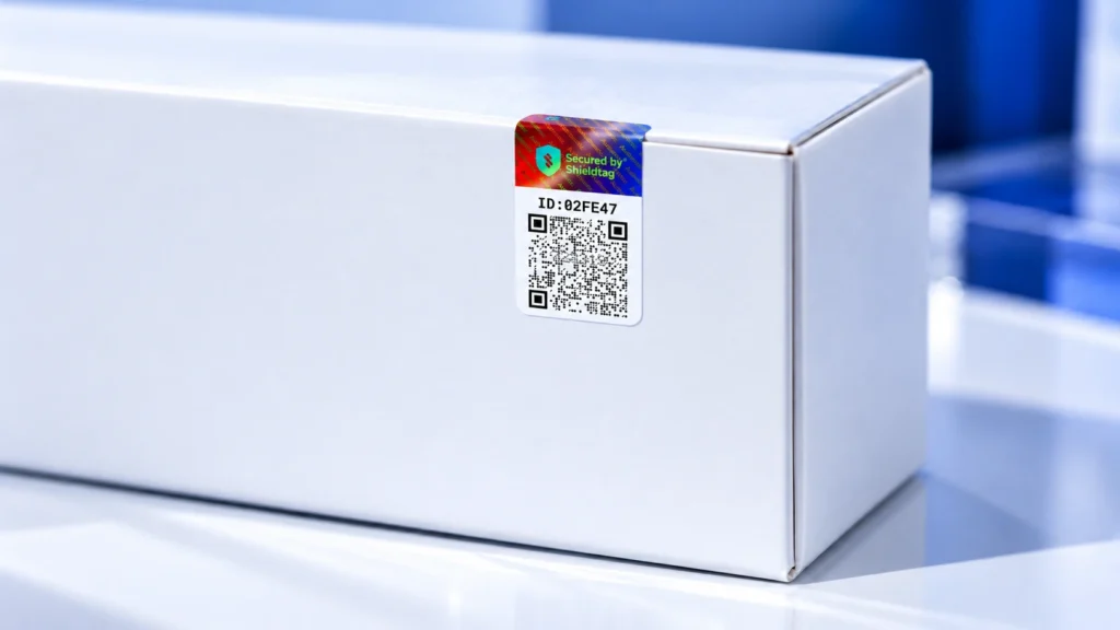 Detail segel hologram SQR Lite Shieldtag dengan ID unik dan QR berpola titik pada kemasan.