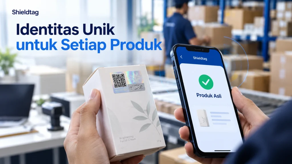 Ilustrasi verifikasi keaslian produk dengan QR code dan PIN pada stiker hologram Shieldtag melalui ponsel.