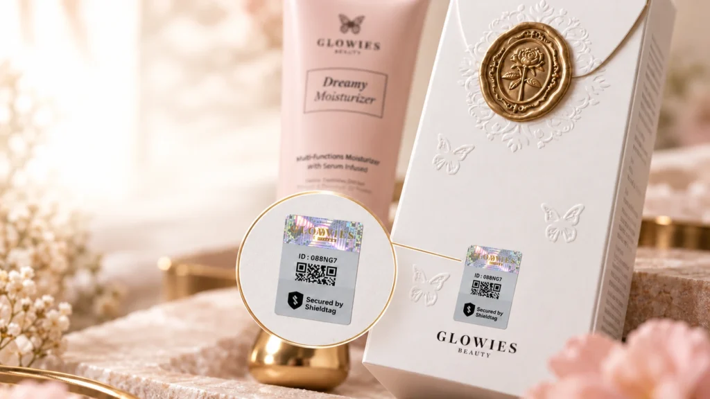 Detail stiker hologram dan kode QR Shieldtag pada kemasan Glowies Dreamy Moisturizer.