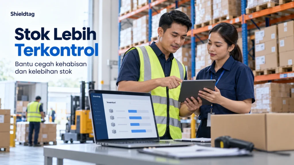 Petugas gudang memeriksa inventaris melalui tablet dan dashboard untuk membantu mengontrol stok produk.
