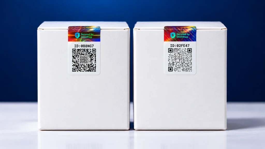 Perbandingan tampilan stiker hologram SQR dan SQR Lite Shieldtag pada dua kemasan berdampingan.
