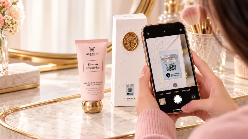 Pemindaian kode QR Shieldtag pada kemasan Glowies Dreamy Moisturizer menggunakan kamera ponsel.