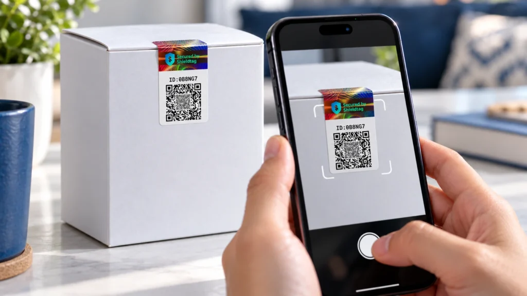 Pemindaian QR pada segel hologram Shieldtag di tutup kemasan menggunakan smartphone.