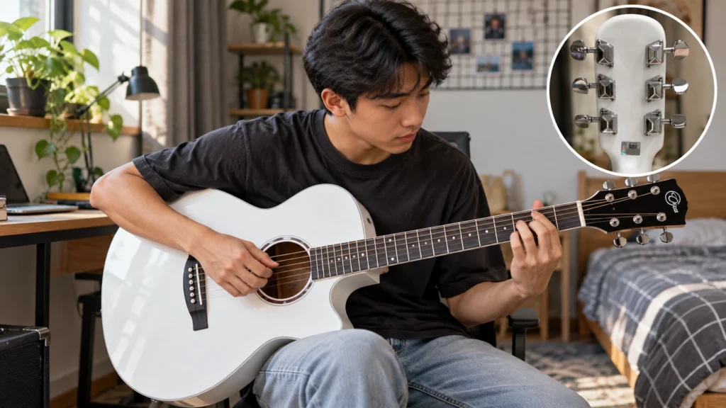 Pemula belajar memainkan gitar akustik Orca putih di rumah