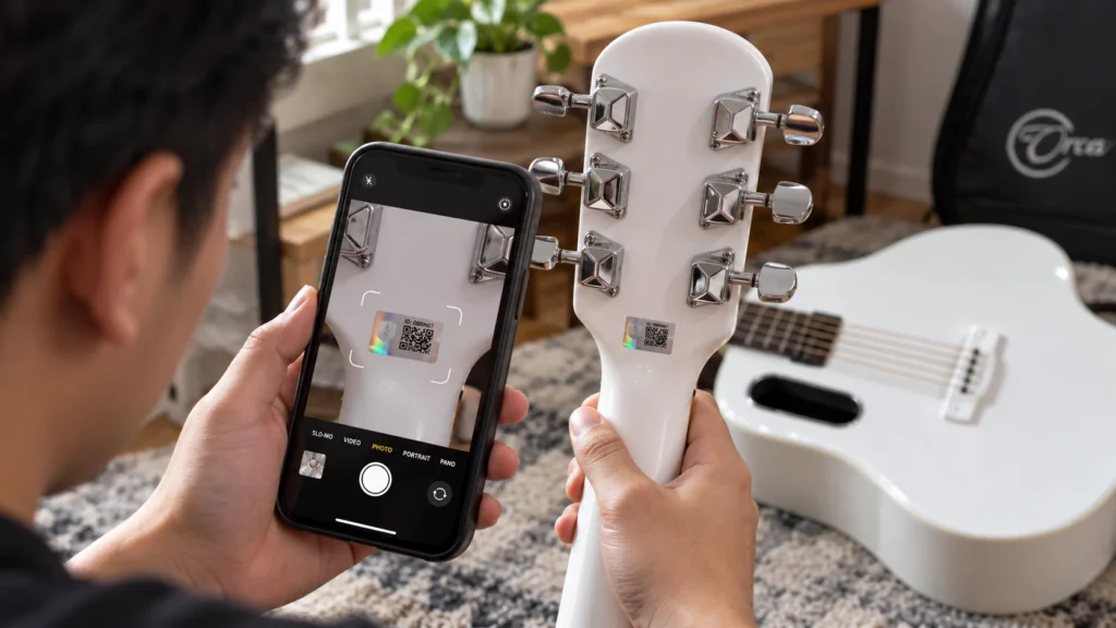 Memindai QR code Shieldtag di belakang headstock untuk mengecek keaslian gitar Orca