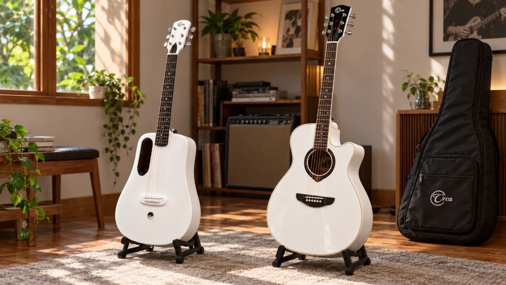 Dua gitar akustik Orca putih di atas stand dengan softcase di sampingnya