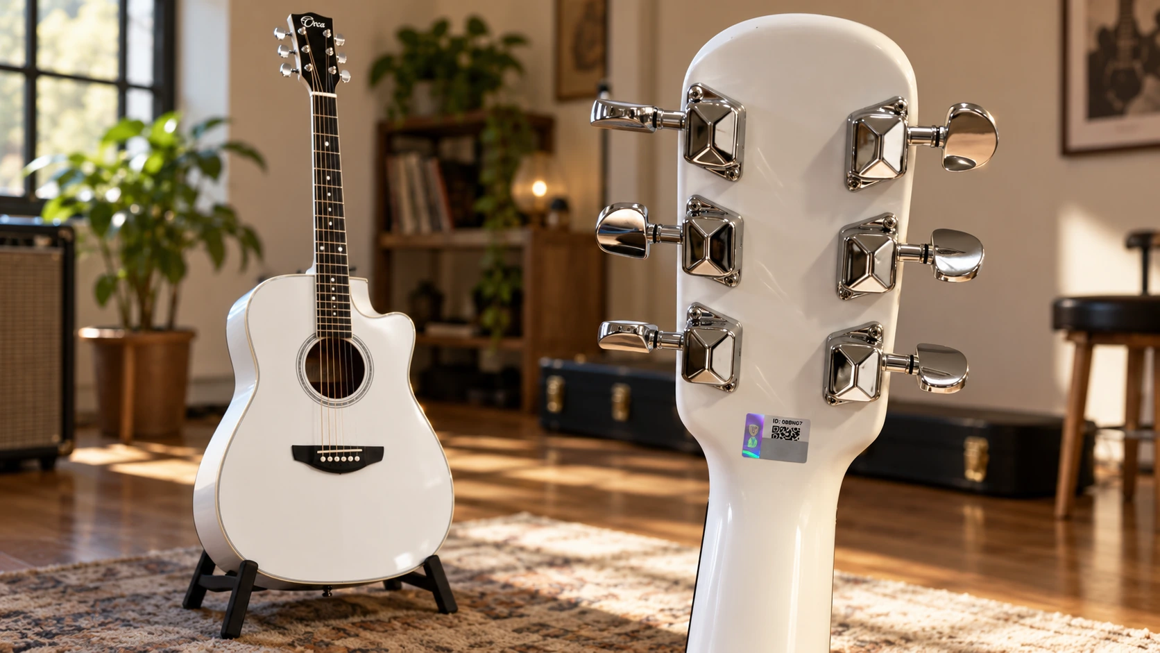 Gitar orca dengan barcode dari shieldtag