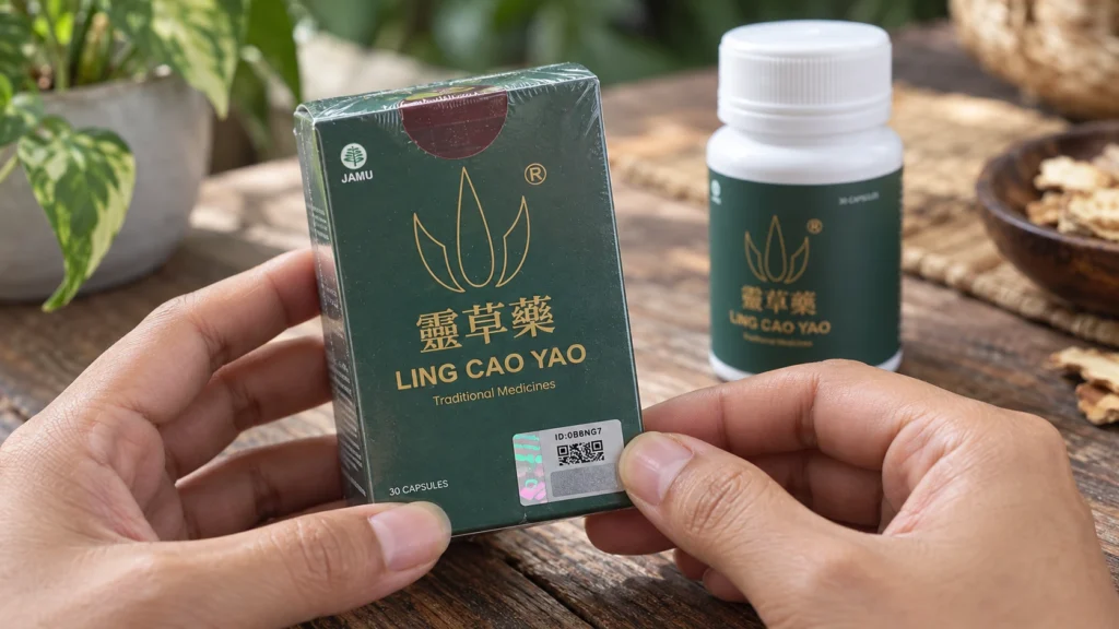 Tangan memeriksa stiker hologram Shieldtag pada kemasan Ling Cao Yao.
