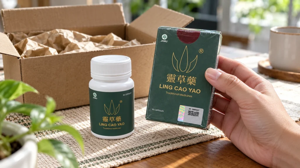 Pemeriksaan kemasan Ling Cao Yao setelah paket kiriman dibuka.