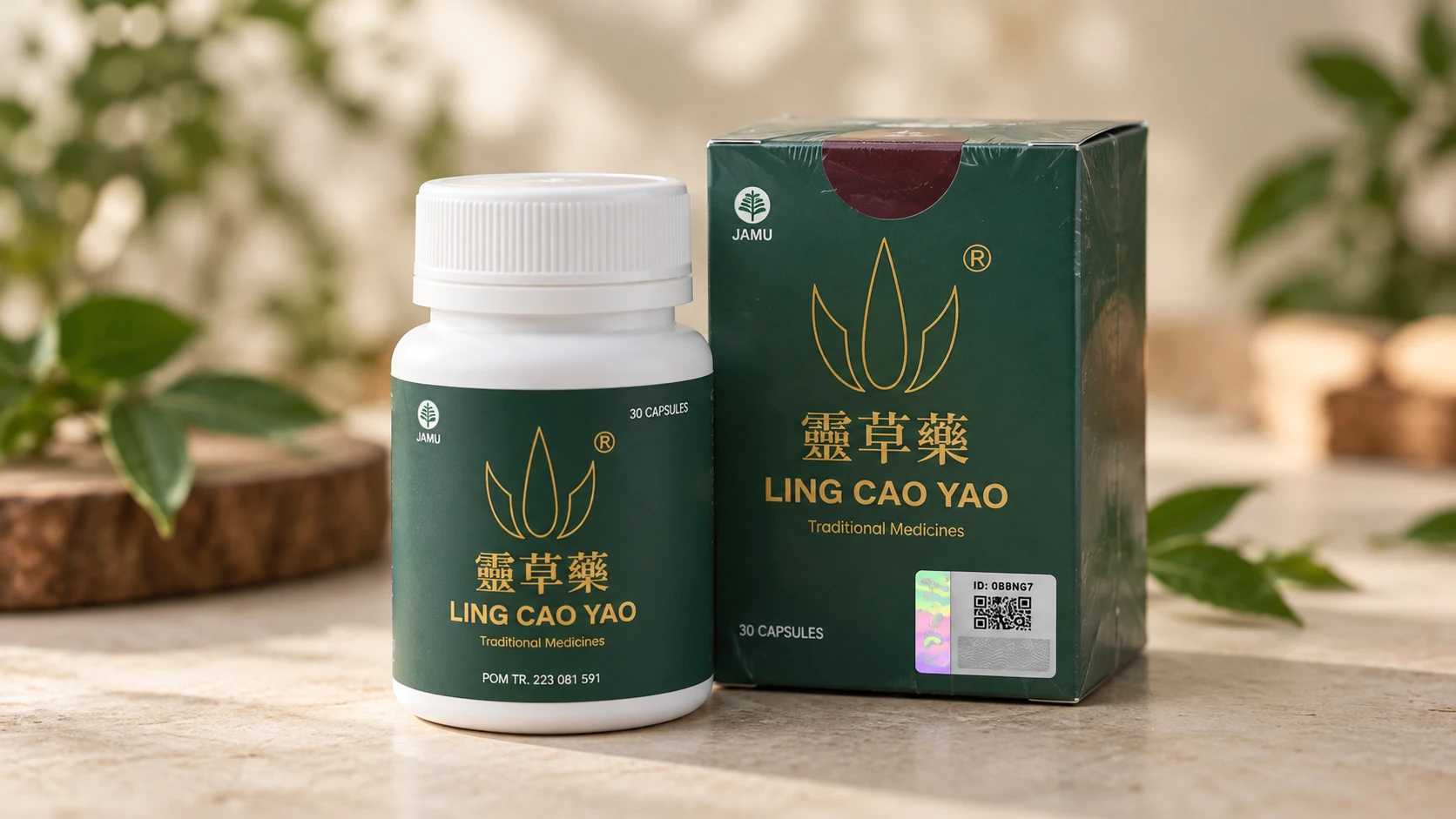 Botol dan kotak Ling Cao Yao dengan stiker hologram Shieldtag di atas meja.