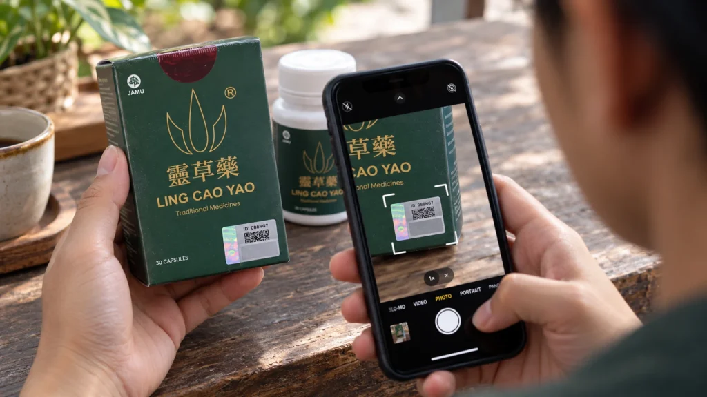 Pemindaian kode QR Shieldtag pada kemasan Ling Cao Yao menggunakan ponsel.