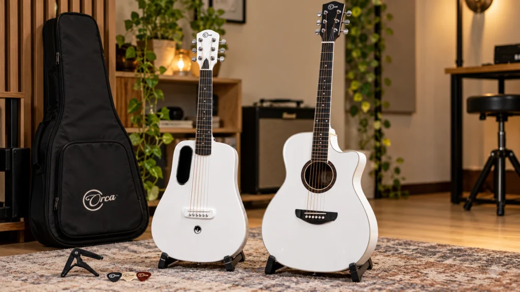 Perbandingan gitar Orca ukuran 3/4 dan ukuran penuh dengan aksesori gitar