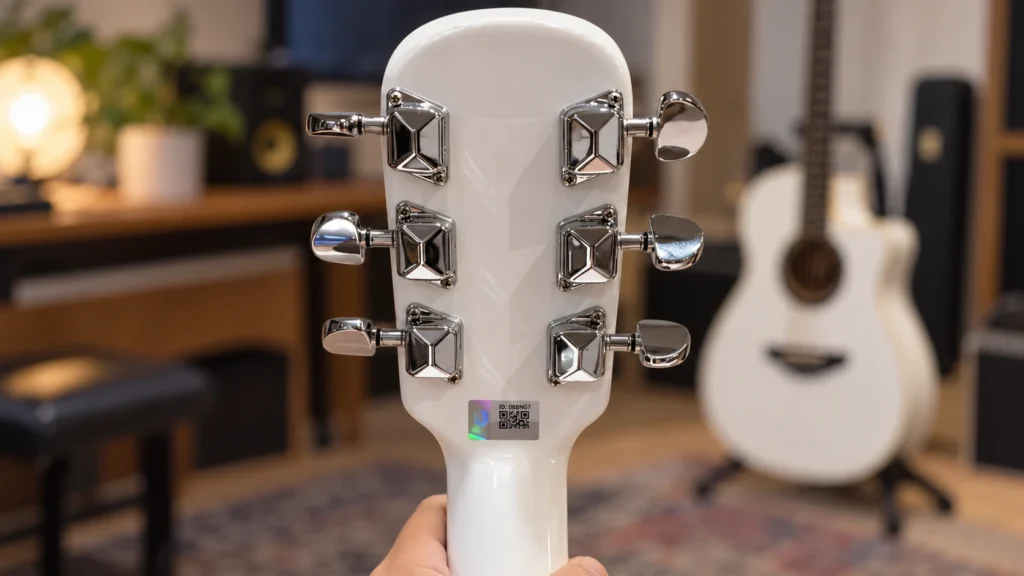 Stiker hologram Shieldtag di belakang headstock gitar Orca putih